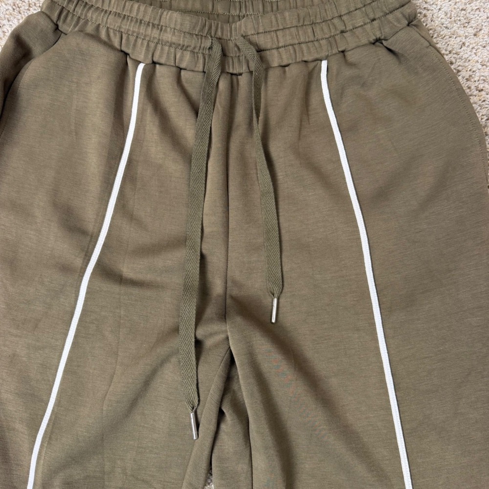 WIHOLL Womens 2 Piece Lounge Set Olive Green White Piping Wide Leg Pants Large - Picture 13 of 14
